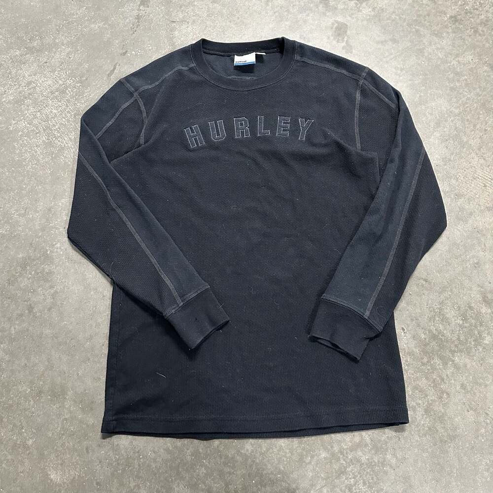 Vintage Hurley Black Waffle Knit Thermal Long Sleeve Crewneck Shirt Size Large
